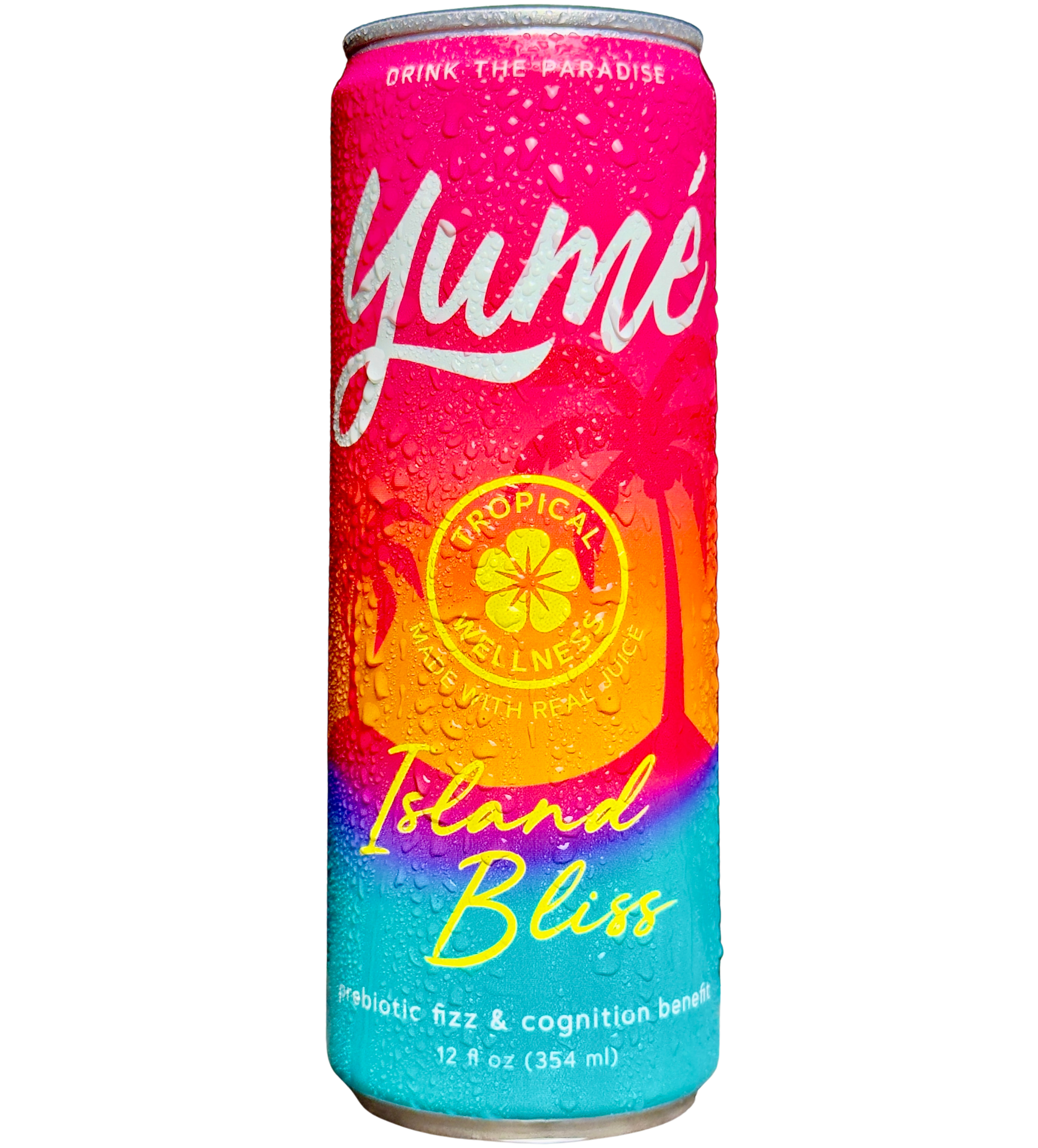 Yumé Island Bliss drink can with colorful design on a white background